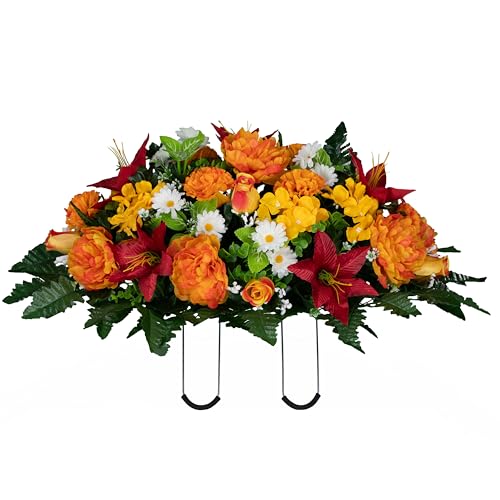 Sympathy Silks Artificial Flowers for Cemeteries - Gravesite Bouquet - Red Lily and Sunrise Peony - (1) Saddle - color: Red/Sunrise, size: (1) Headstone Saddle