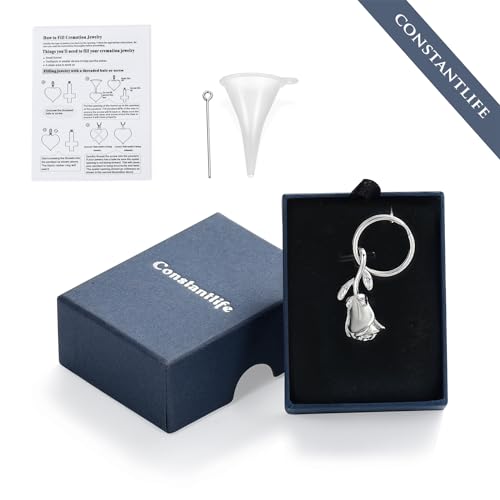 constantlife Rose Flower Urn Keychain Cremation Jewelry for Ashes, Stainless Steel Memorial Pendant Gift Funeral Keepsake - color: Silver