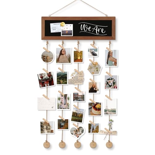 4 THOUGHT Picture Frame Collage Hanging Photo Display Board, 15.7" x 5" | Blackboard, Picture Board, Wooden Rustic Frame, Wall Decor, Includes 30 Clips
