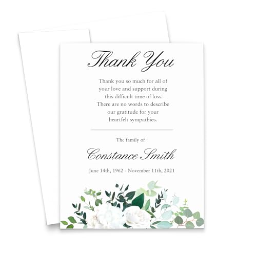 Modern Pink Paper White Floral Funeral Stationery, Memorial Thank You Cards Personalized, Celebration of Life Notecards, Your Choice of Quantity and Envelope Color - color: White and Green