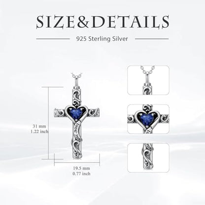 TOUPOP Cross Urn Necklaces for Ashes Birthstone Cremation Jewelry 925 Sterling Silver Cross Memorial Keepsake Jewelry for Women (with Funnel Filler) - color: 09-September-Sapphire