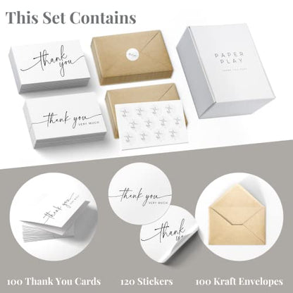 Thank You Cards with Envelopes & Matching Stickers, Bulk Pack of 100, 4x6 Inch Minimalistic Design - Suitable for Business, Baby Shower, Wedding, Small Business, Graduation, Bridal Shower, Funeral | 4"x6", Heavyweight Cardstock with Thank You Stickers, Fo
