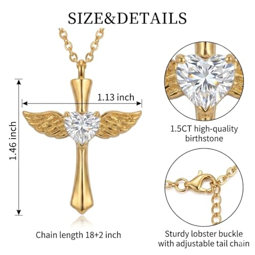 14K Gold Angel Wings Cross URN Necklace Cremation Necklaces for Ashes Embellished with Birthstone, Yellow Gold Fine Keepsake Memorial Jewelry - color: April Birthstone