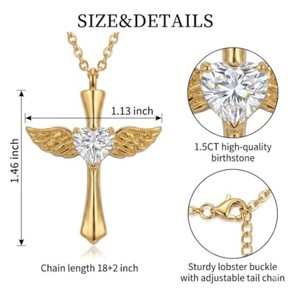 14K Gold Angel Wings Cross URN Necklace Cremation Necklaces for Ashes Embellished with Birthstone, Yellow Gold Fine Keepsake Memorial Jewelry - color: April Birthstone