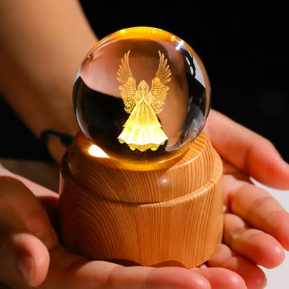 Guardian Angel Gifts 2.36in 3D Engraved Angel Crystal Ball with Rotatable Warm Light Wood Base, Guardian Angel Figurines Memorial Gifts for Women Mom Friends - color: Angel