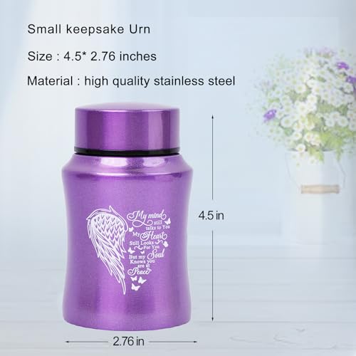 4.5 Inches Small Keepsake Urn for Human Ashes - Heart Wing Pattern Memorial Container - Stainless Steel Mini Cremation Urn - size: Wing-Purple