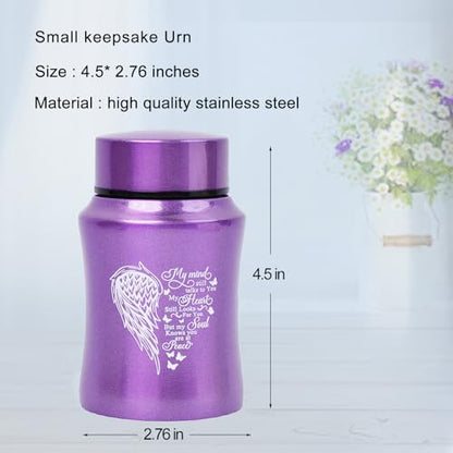 4.5 Inches Small Keepsake Urn for Human Ashes - Heart Wing Pattern Memorial Container - Stainless Steel Mini Cremation Urn - size: Wing-Purple
