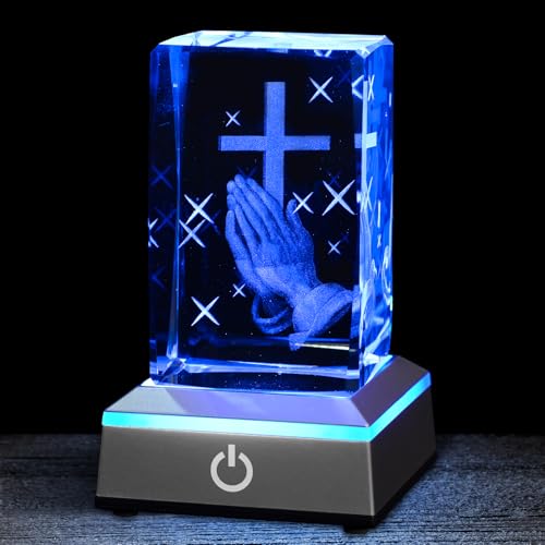3D Praying Hands Crystal Night Light with Multicolor LED Base Glass Laser Engraved Cross Figurine Religious Christian Gifts for Men Women Birthday Christmas Room Home Decor - color: Praying Hand