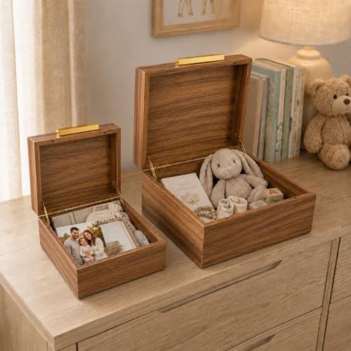 Acacia Wood Keepsake Box with Magnetic Lid, Set of 2 Large and Small Memory Storage Boxes for Jewelry, Photos, Crafts