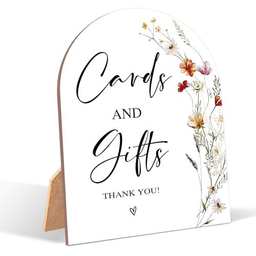 Wildflower Cards and Gifts Sign, Wedding Ceremony Signs, 6 x 8 Inch Arch Wooden Tabletop Sign with Stand, Wedding Reception Decoration Supplies (AG01) - color: White