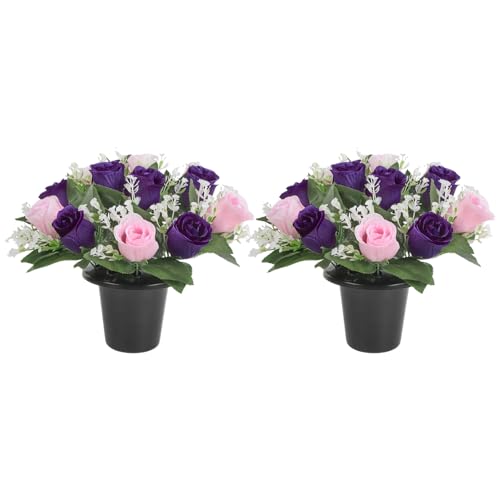 2 Sets Small Artificial Flowers in Pots for Cemetery Home Centerpiece Arrangement Outdoor Decoration, Portable 9.8" Silk Roses Baby's Breath Flowers with Pot(Pink and Purple) - color: Pink Purple