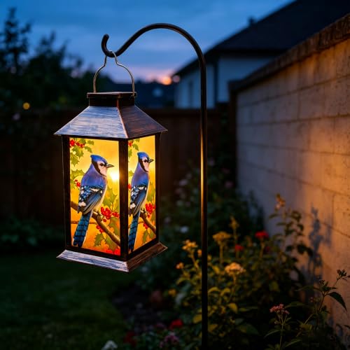Solar Lanterns Outdoor Hanging Blue Jay Solar Lights Decorative for Garden Patio Porch and Tabletop PVC Waterproof LED Lantern (1pack)… - style: Art Deco