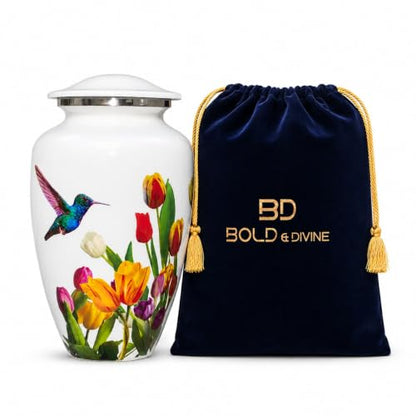 BOLD & DIVINE White Hummingbird Cremation Urn | Handcrafted Hummingbird urn for Human Ashes Adult Female, Large Burial urns for Ashes up to 200 LBS. (White Hummingbird Adult Urn) - size: Large