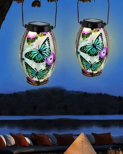 Hanging Solar Lantern Waterproof Garden Light Butterfly | Glass & Metal, Tabletop Light with Hollowed-Out Design for Garden Patio Table Decor, Gifts for Friends and Family - style: Butterfly-Glass