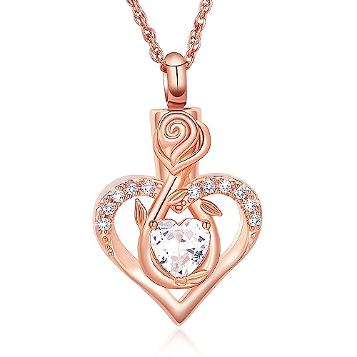 Roseflower Cremation Jewelry Heart Urn Necklace for Ashes for Women Gilrs Memorial Keepsake Birthstone Pendant Necklaces for Ashes of Loved Ones - color: Rose-white