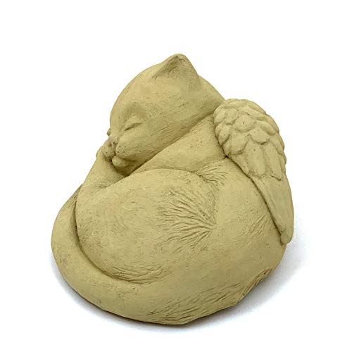 Sleeping Cat with Wings: Durable Solid Stone Pet Memorial Statue. Unique Home Décor, Garden Accent. Sealed for Outdoors. Handcrafted USA. (Old Stone/tanish)