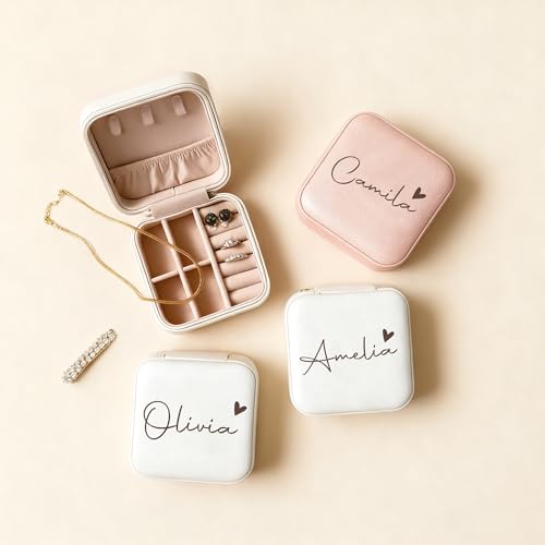 Ajiangwu Bridesmaid Gifts,Custom Travel Jewelry Case for Women,Personalized Small Jewelry Box Mini Teen Girl Gifts Trendy Stuff Jewelry Organizer for Rings, Necklaces, Bracelets - color: Design 1