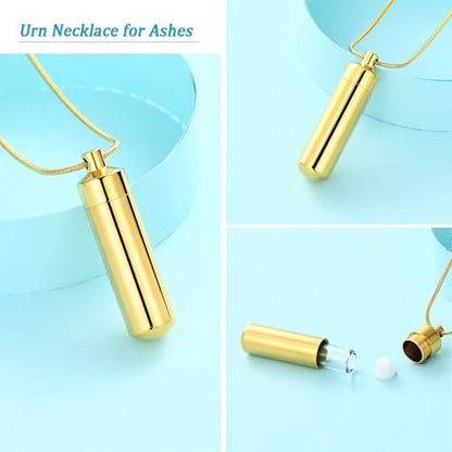 Cylinder Urn Necklace for Ashes with Glass Vials Cremation Jewelry Stainless Steel Ash Holder Keepsake Memorial Jewelry with Fill Tool - color: Gold-A