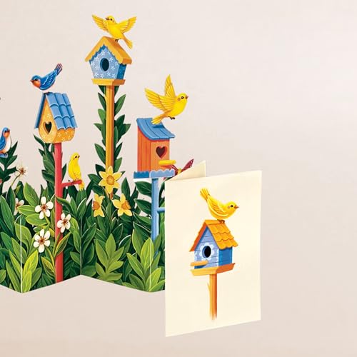 Freshcut Paper Pop Up Cards, Mini Birdhouse Garden, 9 Inch Life Sized Forever Flower Bouquet 3D Popup Greeting Card, Birthday Cards, Thank You Card, Blank Notecard & Envelope - color: Birdhouse Garden, size: Mini