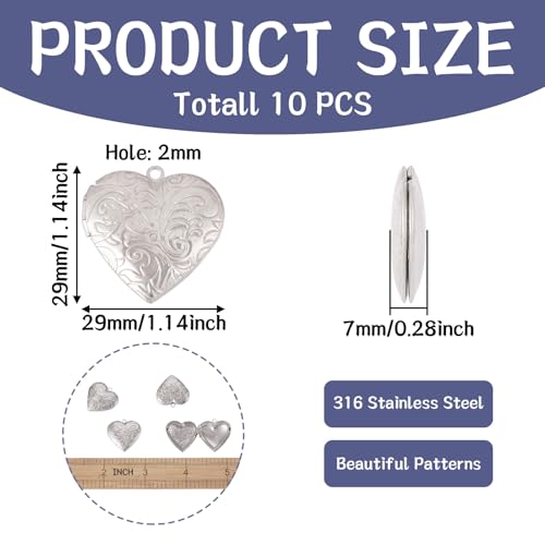 FASHEWELRY 10Pcs 316 Stainless Steel Locket Pendants Silver Heart Photo Frame Charms Heart Locket Charms for Necklaces DIY Memorial Necklace Making - color: Stainless Steel Color, Heart