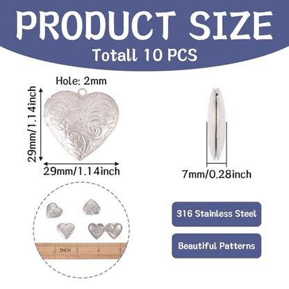 FASHEWELRY 10Pcs 316 Stainless Steel Locket Pendants Silver Heart Photo Frame Charms Heart Locket Charms for Necklaces DIY Memorial Necklace Making - color: Stainless Steel Color, Heart