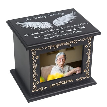 Wooden Urn Box for Ashes Cremation Urns for Human Ashes Adult Male or Female, Memorial Keepsake Urns with Photo Frame, Funeral Casket for Men Women, Burial Urn for Adults Up to 200 IBS-Wing - size: Wing