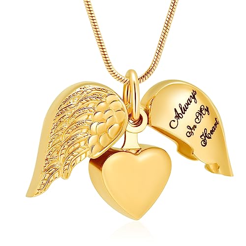 Cremation Jewelry Angel Wing Stainless Steel Heart Urn Necklaces for Ashes Memorial Keepsake Pendant for Women Men - color: Gold
