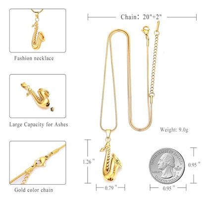 memorial jewelry Music Urn Saxophone Horn Chain Necklace Cremation Ash Keepsake Pendant - color: Gold