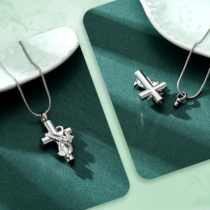 Butterfly Cross Cremation Jewelry Urn Necklaces Stainless Steel Cross Urn Necklaces for Ashes Memorial Keepsake Pendant for Women Gifts With Funnel Kit & Bag - color: Silver