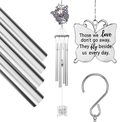 Outdoors Butterfly Wind Chimes Sympathy Memorial for Loss of Loved One - Soothing Melodic Tones Aluminum Chime Great as a Gift for Your Patio Porch Garden and Backyard (22.2" Silvery) - size: 22.2" Silvery Butterfly Ornament
