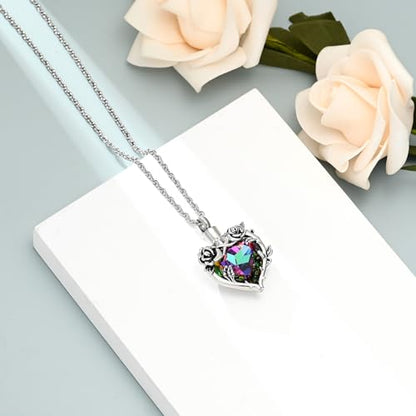shajwo Cremation Jewelry Rose Flower Heart Urn Necklaces for Ashes for Women Memorial Human Ashes Pendant - color: Rainbow