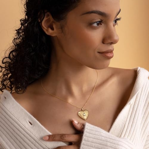 Badu Gold Initial A-Z Necklace for Women Heart Photo Lockets that Hold Picture Love Image Cubic Zirconia Necklace - color: R