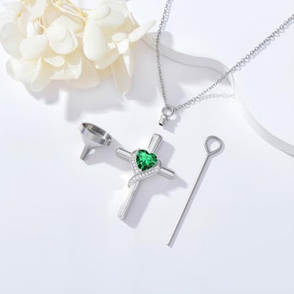 TOUPOP Cross Urn Necklaces for Ashes Birthstone Cremation Jewelry 925 Sterling Silver Cross Memorial Keepsake Funeral Jewelry for Women (with Funnel Filler) - color: 05-May-Emerald