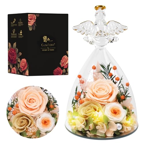 Casaido Mothers Day Rose Gifts for Women, 7" Champagne Preserved Roses Flowers in Glass Angel Figurine, Birthday Gift for Mom Wife Grandma, Eternal Rose for Valentines Christmas Anniversary - color: Champagne