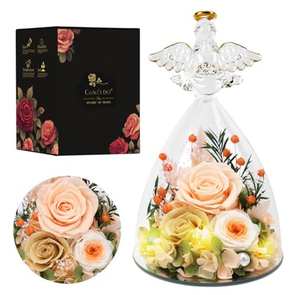 Casaido Mothers Day Rose Gifts for Women, 7" Champagne Preserved Roses Flowers in Glass Angel Figurine, Birthday Gift for Mom Wife Grandma, Eternal Rose for Valentines Christmas Anniversary - color: Champagne
