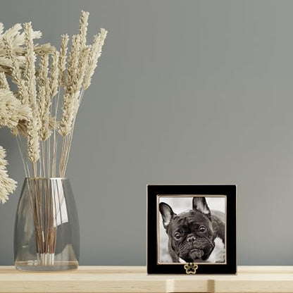 4x4 Black Enamel on Gold Metal Frame - Dog Paw Print - color: Black