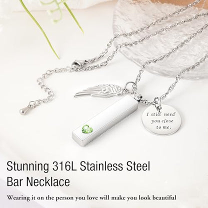 XIUDA Cremation Jewelry for Ashes with Angel Wing Charm Vertical Bar Urn Necklace Stainless Steel Memorial Keepsake Pendant for Women - color: Light Green