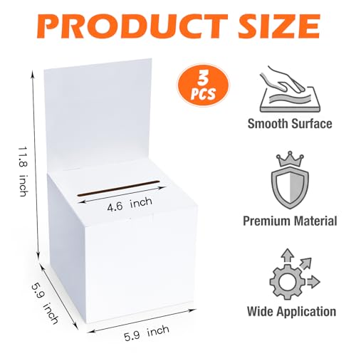 3 Pcs Cardboard Ballot Box, Cardboard Donation Suggestion Box with Slot | 5.9 x 5.9 x 11.8 Inch; White Glossy Raffle Boxes with Removable Header; For Fundraising Collecting Card Voting Contest