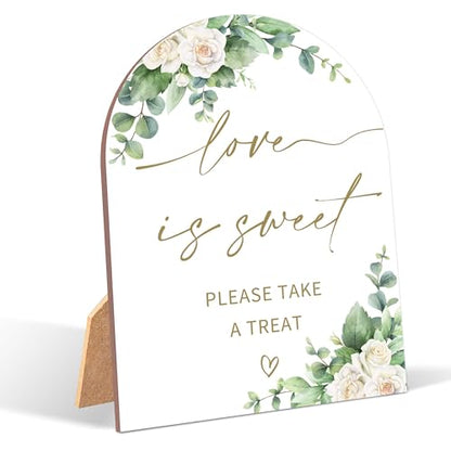 White Rose Love is Sweet Sign, Wedding Ceremony Signs, 6 x 8 Inch Arch Wooden Tabletop Sign with Stand, Wedding Reception Decoration Supplies (BJ05) - color: Love is Sweet