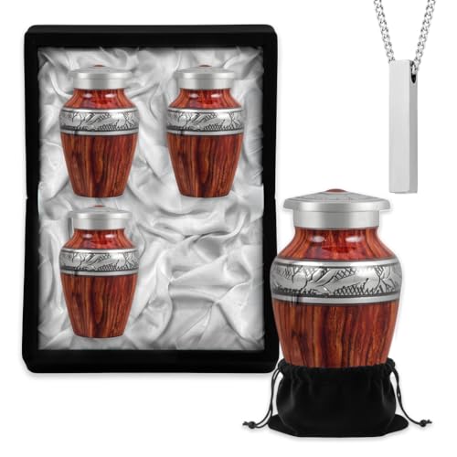 Set of 5 Wood-Grain Urn for Human Ashes Adult Male & Female – Includes 4 Keepsake Urns with 1 Memorial Necklace - color: Wooden Grain Mini Set