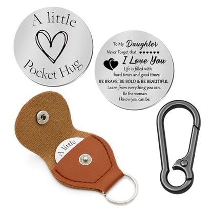 Pocket Hug Token Double Sided Engraved Inspirational Gift Leather Keychain Keepsake for MenWomen - color: To Daughter