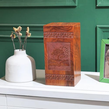 Tree Emerging from Book Wooden Cremains Ashes Box - Large Urn for Ashes Adult Male - Dad Urn for Ashes - Memorial - Respectful Tribute - Memorial Gifts - Funeral Urns - 14 Inches, Natural