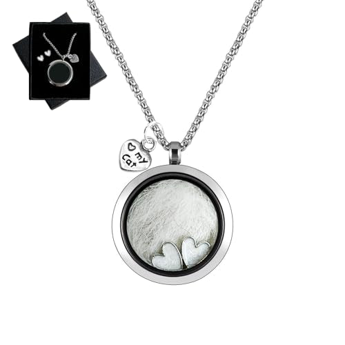Cat Fur Keepsake Necklace, Ashes Hair Memory Urn with Charm, Glass Circle Memorial Pendant Necklace, Pet Cremation Memorial Jewelry for Women Men, Vial Necklace for Ashes