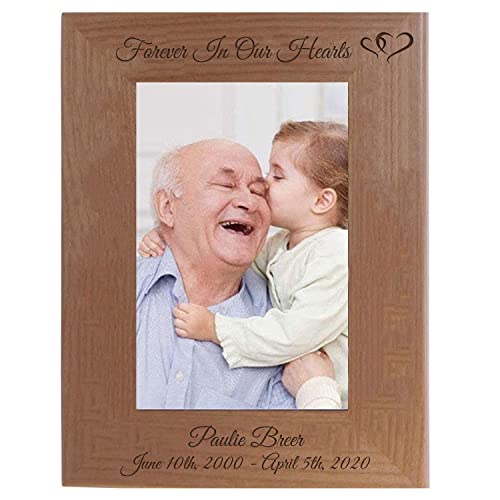 Forever In Our Hearts - Custom Personalized Laser Engraved Natural Alder Wood Memories Rest In Peace Personalized Picture Wooden Photo Hanging/Tabletop Custom Memorial Remembrance Frame (4x6-inch Vertical) - size: 4x6-inch Vertical