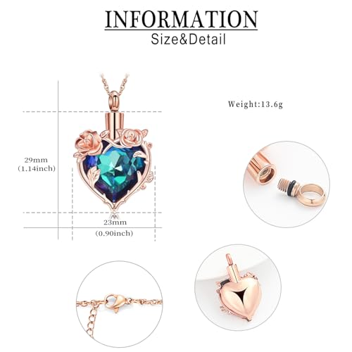Cremation Jewelry for Ashes Rose Flower Urn Necklace with Crystal Heart Ashes Pendant Butterfly Necklaces for Women Men Memorial Keepsake Jewelry Gift - color: Rose-blue