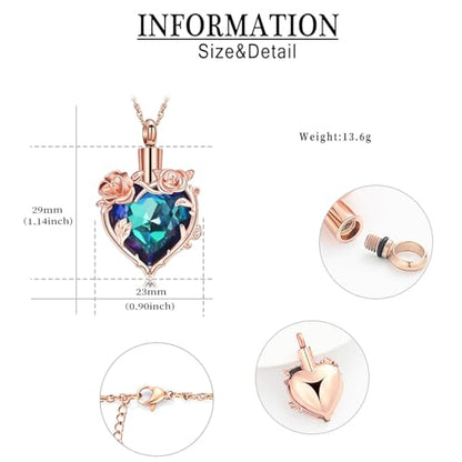 Cremation Jewelry for Ashes Rose Flower Urn Necklace with Crystal Heart Ashes Pendant Butterfly Necklaces for Women Men Memorial Keepsake Jewelry Gift - color: Rose-blue