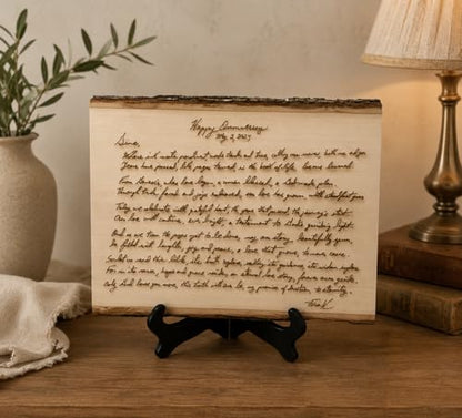 Handwritten Letter on Wood, Custom Engraved Wedding Vows & Anniversary | Authentic basswood, real bark edges, laser engraving, optional back message, 3 sizes, hanging hardware or stand