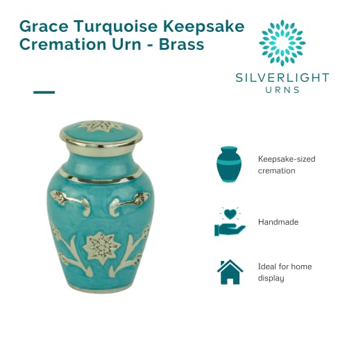 Grace Turquoise Keepsake Cremation Urn for Ashes, Brass, Blue Green Urn, Keepsake Sized Cremation Urn, 3 Inches High - color: Turquoise