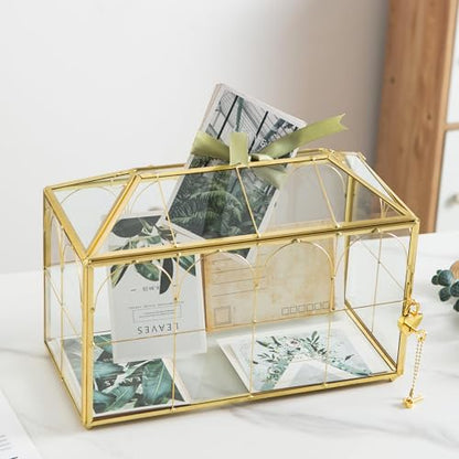 Glass Wedding Card Box with Slot, 12.5'' Large Clear Card Box Gold Brass Gift Card Storage Box with Lock Perfect for Wedding Receptions, Baby Shower, Birthday Party, Bridal Shower - color: B-Gold Card Box 12.6''