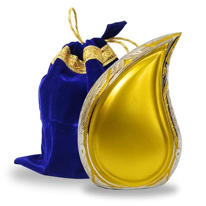 NORSE'S TRADECRAFT Teardrop Urn for Ashes Adult Male & Female | Metal with Gold Finish, 60 cu in Capacity, Memorial Gifts with Velvet Bag, Handcrafted Cremation Urn Keepsake